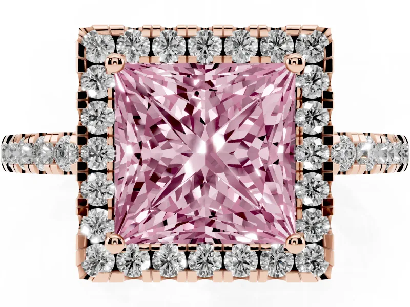 Princess Cut Halo Engagement Ring Setting for a Fancy Pink Lab-Grown Diamond | Pavé Band | Rose Gold
