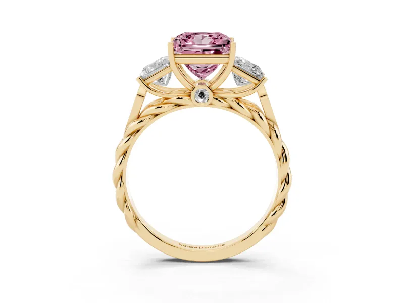 Fancy Pink Princess Cut Diamond Three-Stone Ring Set in Yellow gold with Braided Band