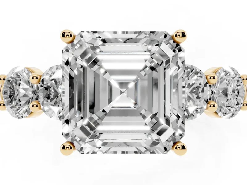 Asscher Cut Five Stone Engagement Ring Setting | Prong Set Side Stones | Yellow Gold