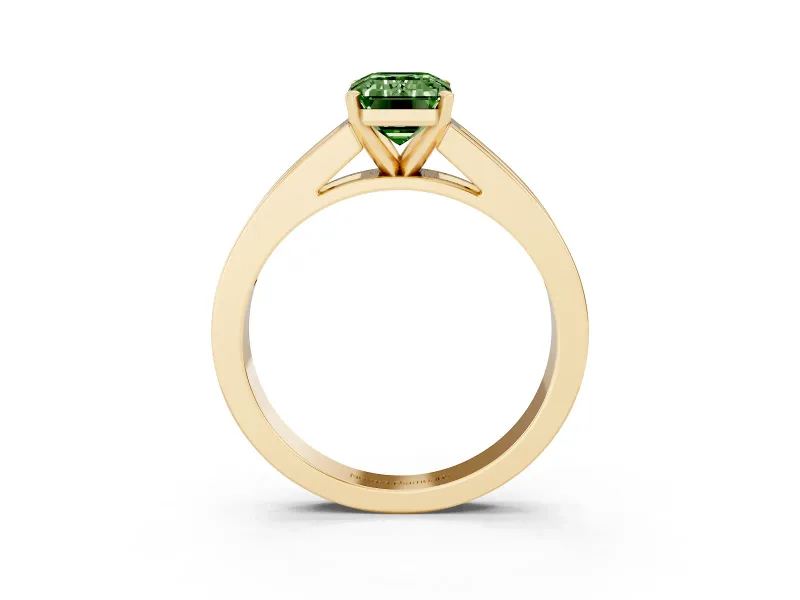 Fancy Green Emerald Cut Diamond Solitaire Ring Set in Yellow gold with Channel-Set Band and Prong Setting