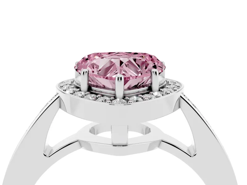 Fancy Pink Heart Cut Diamond Halo Pavé Engagement Ring Set in White gold with Bezel Setting