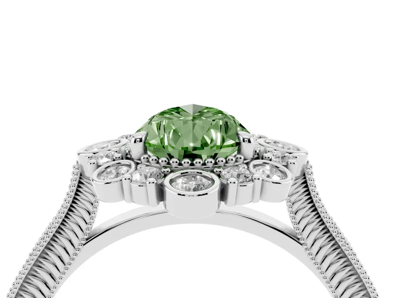 Fancy Green Pear Cut Diamond Halo Milgrain Pavé Ring Set in Platinum with Prong Setting