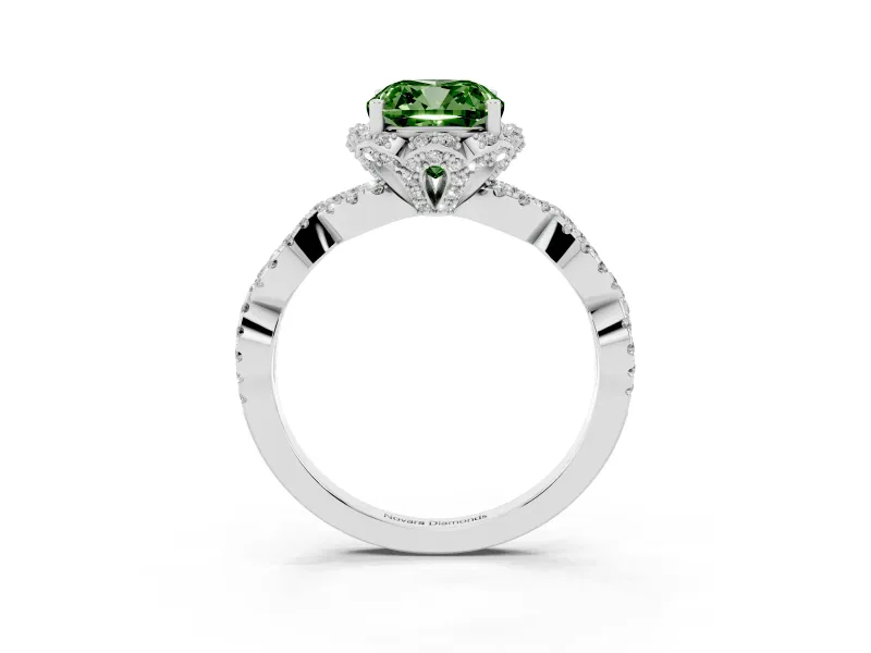 Fancy Green Cushion Cut Diamond Halo Twist Band Solitaire Ring Set in Silver with Prong-Set Center Stone