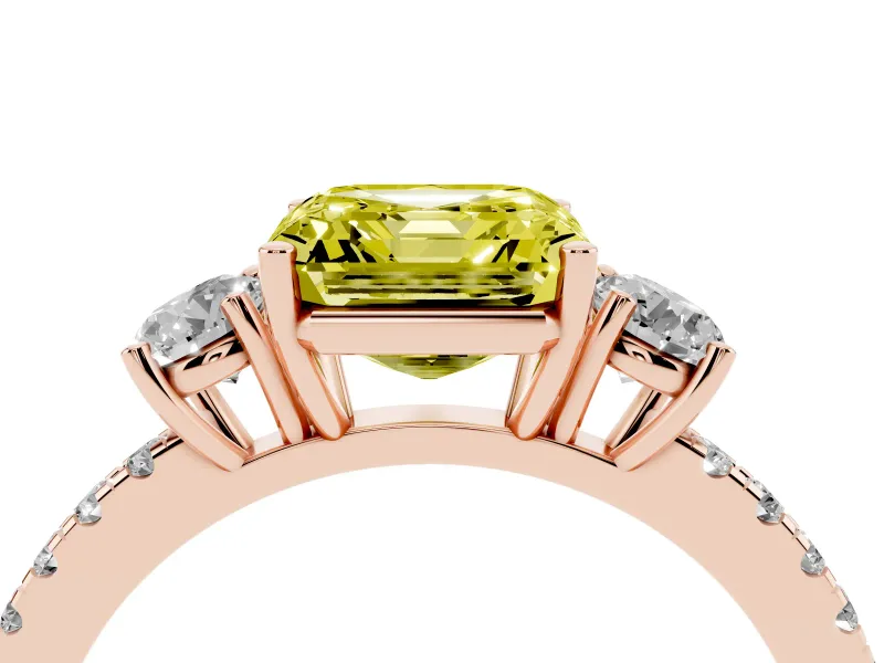 Asscher Cut Three Stone Engagement Ring Setting for a Fancy Yellow Lab-Grown Diamond | Pave Shoulders | Rose Gold