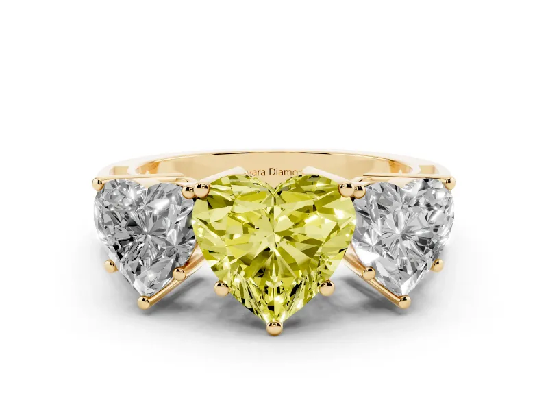 Fancy Yellow Heart Cut Diamond Three-Stone Ring Set in Yellow gold with Textured Band