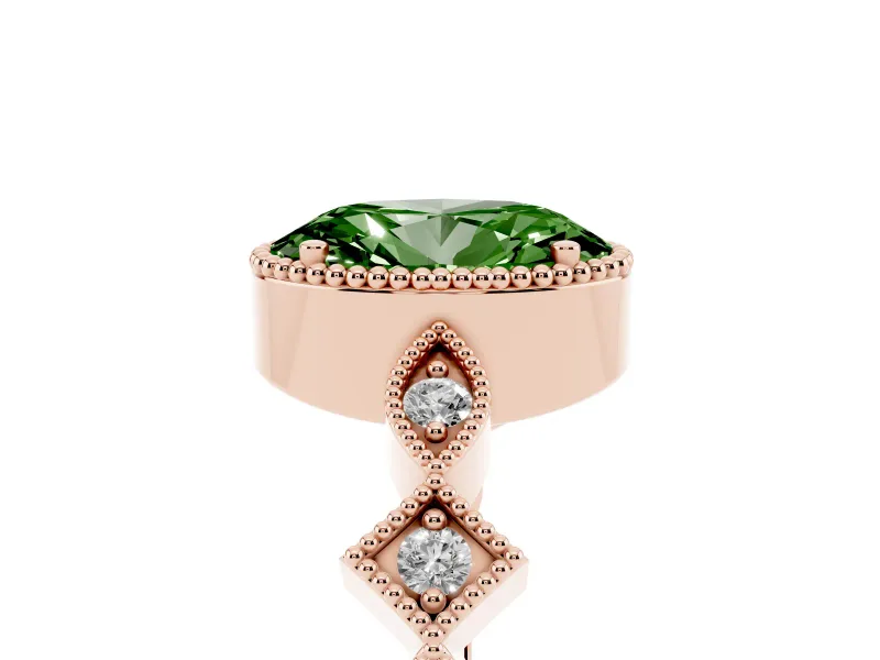 Fancy Green Oval Cut Diamond Milgrain Marquise Twist Band Ring Set in Rose gold with Prong Setting