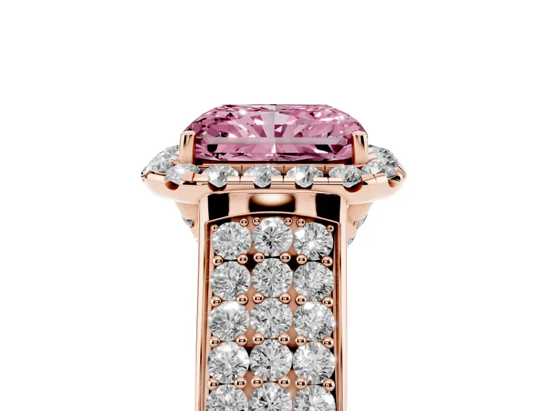 Radiant Cut Pavé Engagement Ring Setting for a Fancy Pink Lab-Grown Diamond | Wide Three-Row Band | Rose Gold