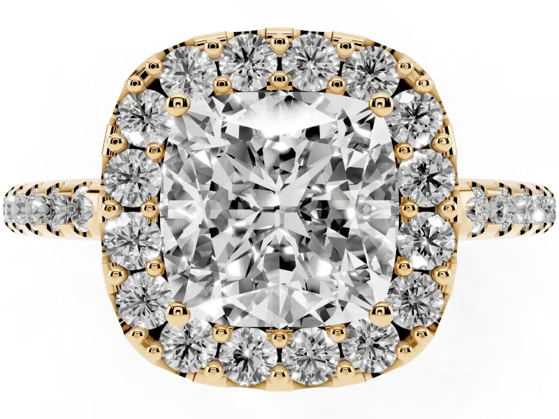 Cushion Cut Pave Halo Engagement Ring Setting | Pave Band | Yellow Gold