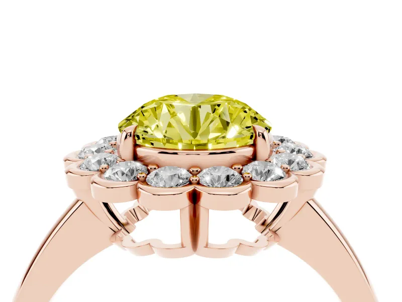 Round Scalloped Cluster Halo Engagement Ring Setting for a Fancy Yellow Lab-Grown Diamond | Plain Band | Rose Gold