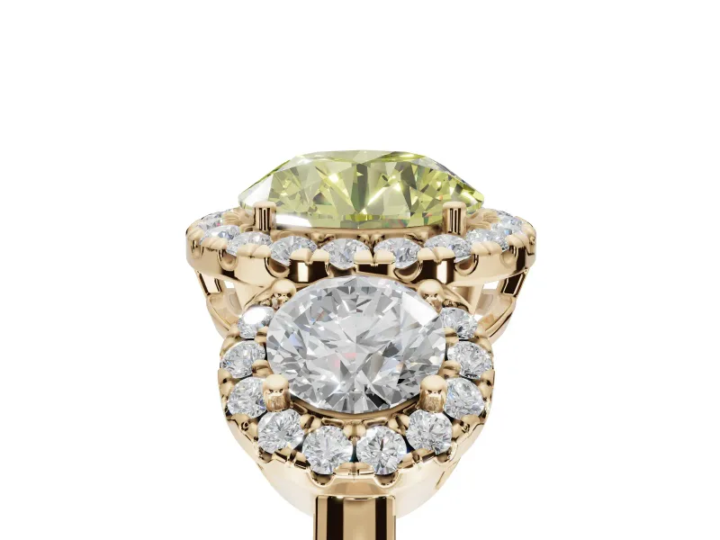 Round Three Stone Halo Engagement Ring Setting for a Fancy Yellow Lab-Grown Diamond | Yellow Gold