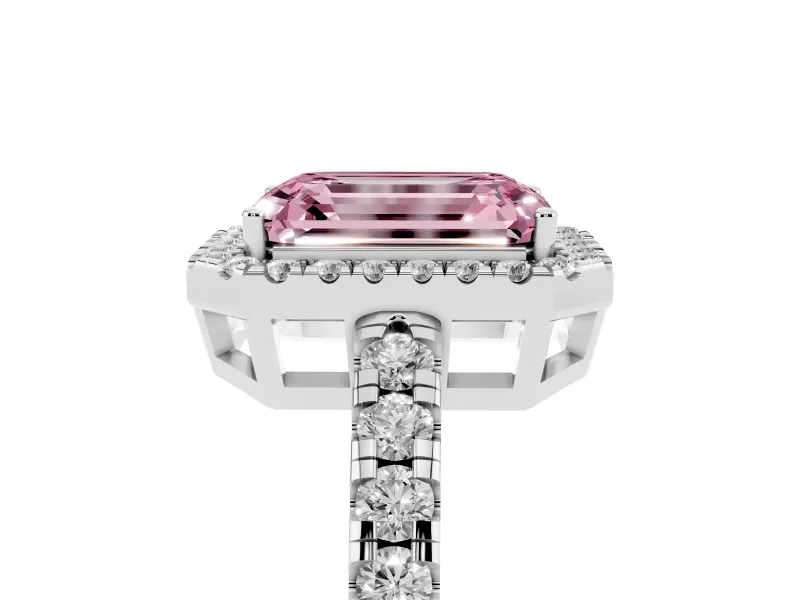 Fancy Pink Emerald Cut Diamond Halo Ring Set in White gold with Delicate Pavé Band and Prong Setting