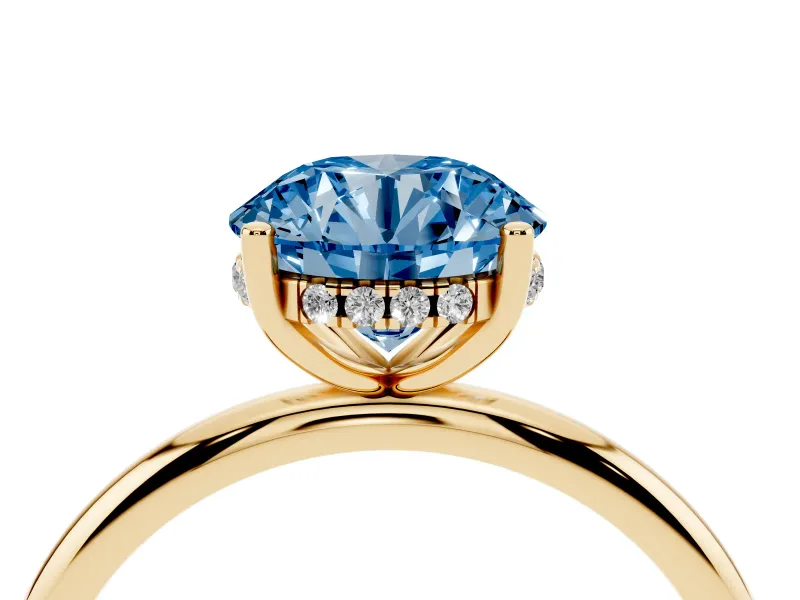 Round Micro-Prong Hidden Halo Engagement Ring Setting for a Fancy Blue Lab-Grown Diamond | Plain Band | Yellow Gold