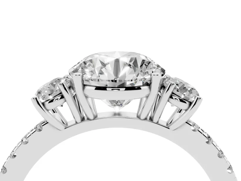 Round Cut Diamond Three-Stone Ring Set in Platinum with Pavé Band and Graduated Sides