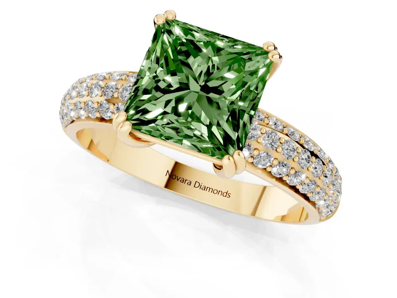 Princess Cut Three Row Pave Engagement Ring Setting for a Fancy Green Lab-Grown Diamond | Double Claws | Yellow Gold