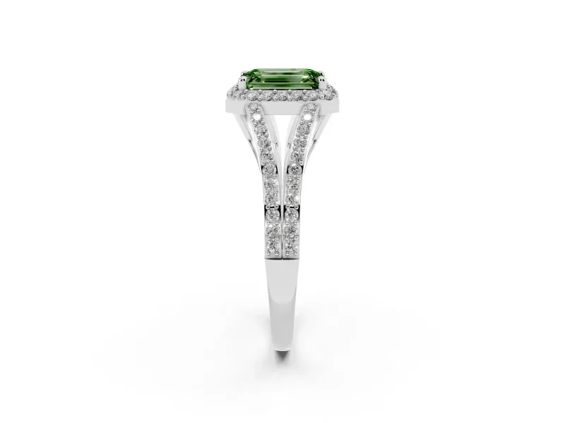 Emerald Cut Split Shank Halo Engagement Ring Setting for a Fancy Green Lab-Grown Diamond | Platinum