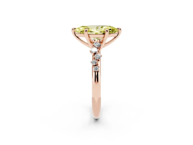 Fancy Yellow Marquise Cut Diamond Solitaire Vine Band Ring Set in Rose gold with Round Accents and Prong Setting