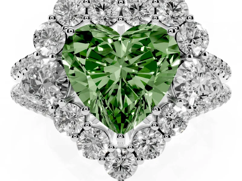 Fancy Green Heart Cut Diamond Halo Split Shank Engagement Ring Set in White gold with Prong-Held Center Stone