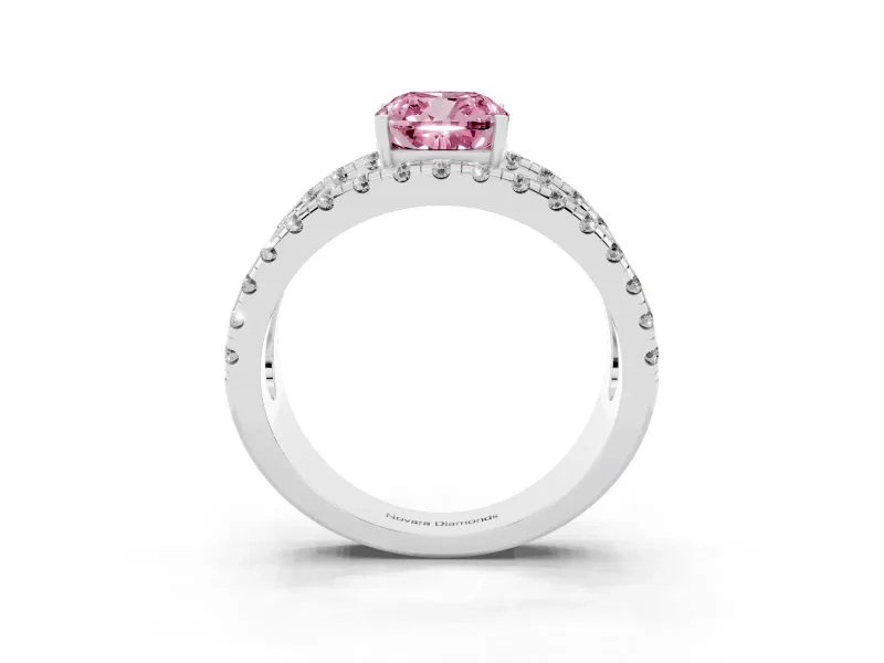 Cushion Cut Wide Open Split Shank Engagement Ring Setting for a Fancy Pink Lab-Grown Diamond | Pavé Strands | White Gold