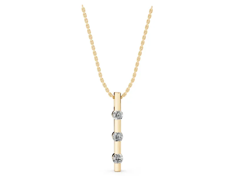 Round Lab-Grown Diamond Three-Stone Vertical Bar Pendant Necklace | Evenly Spaced | Yellow Gold