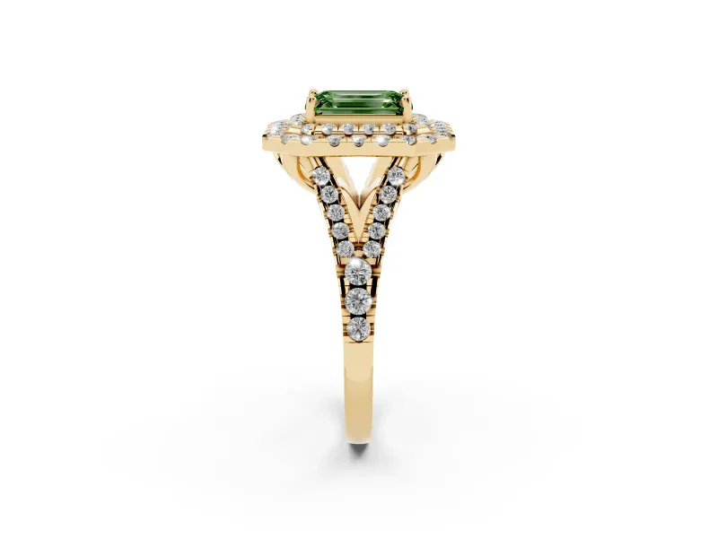 Emerald Cut Halo Split Shank Engagement Ring Setting for a Fancy Green Lab-Grown Diamond | Yellow Gold