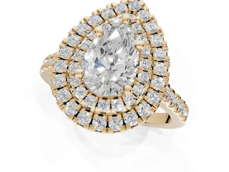 Pear-Shaped Lab-Grown Diamond Double Halo Statement Ring Set in Yellow Gold with Pavé Band