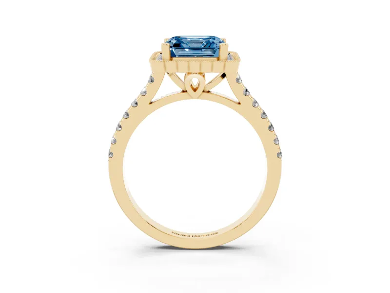 Asscher Cut Milgrain Floral Halo Engagement Ring Setting for a Fancy Blue Lab-Grown Diamond | Pavé Band | Yellow Gold