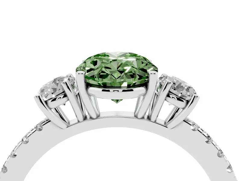 Oval Three Stone Engagement Ring Setting for a Fancy Green Lab-Grown Diamond | Pave Shoulders | Platinum