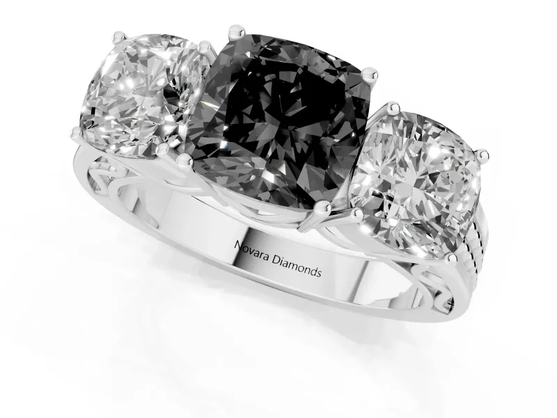 Cushion Cut Engagement Ring Setting for a Black Center | Three Stone | Sterling Silver