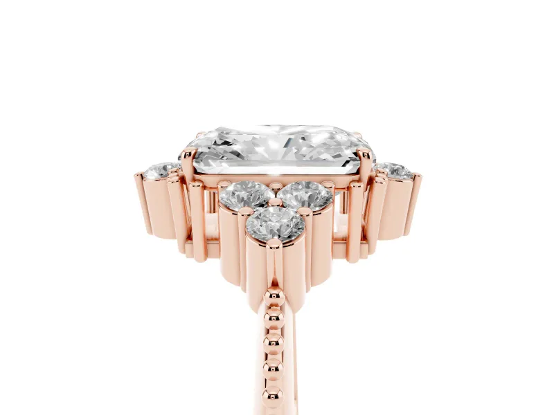 Radiant Cut Diamond Cluster Ring Set in Rose gold with Beaded Band