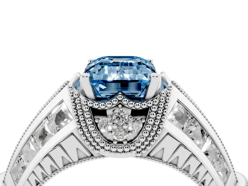Fancy Blue Emerald Cut Diamond Vintage-Inspired Milgrain Ring Set in Silver with Accent Split Shank