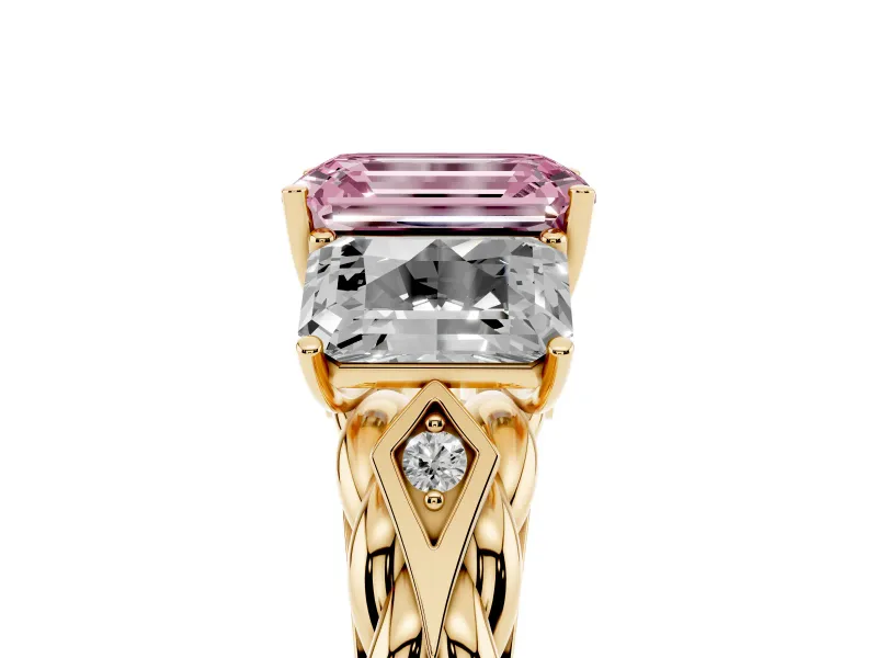 Fancy Pink Emerald Cut Diamond Three-Stone Ring Set in Yellow gold with Braided Band