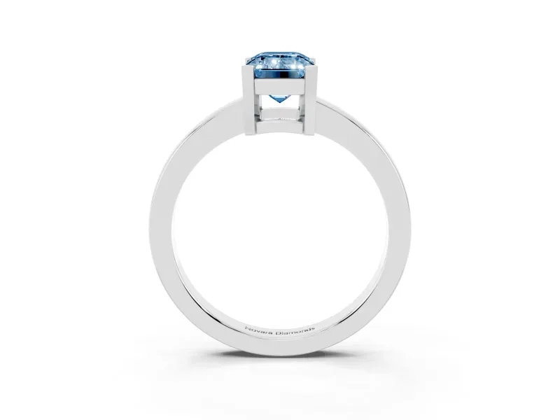 Fancy Blue Emerald Cut Diamond Solitaire Ring Set in Silver with Prong Head and Smooth Polished Band