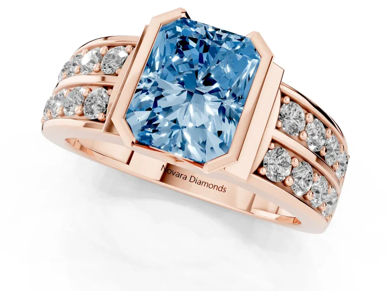 Radiant Cut Half Bezel Engagement Ring Setting for a Fancy Blue Lab-Grown Diamond | Double Row Channel Band | Rose Gold