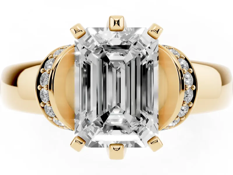 Emerald Cut Pavé Collar Solitaire Engagement Ring Setting | Wide Polished Band | Yellow Gold