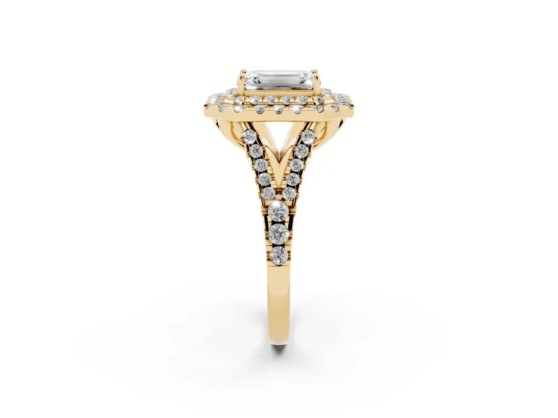 Emerald Cut Halo Split Shank Engagement Ring Setting | Yellow Gold