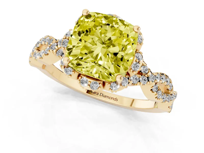 Fancy Yellow Cushion Cut Diamond Halo Twist Band Solitaire Ring Set in Yellow gold with Prong-Set Center Stone