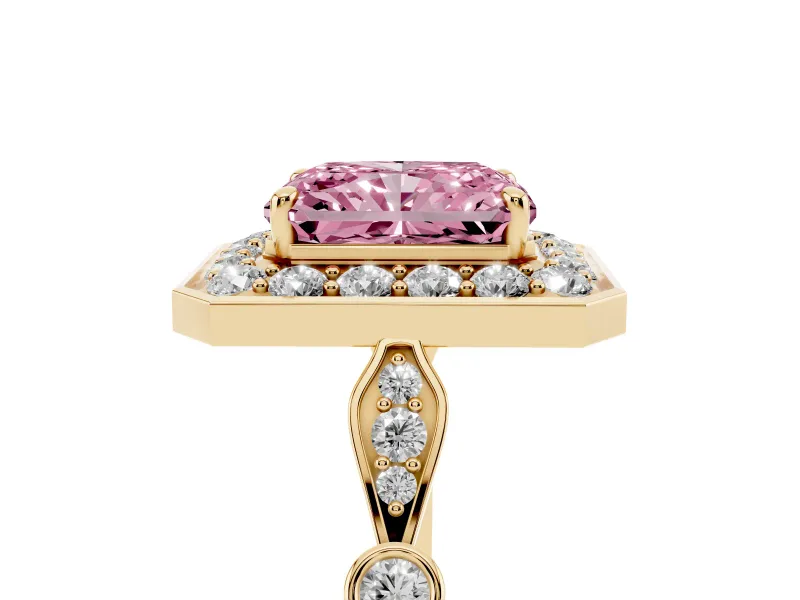Radiant Cut Halo Engagement Ring Setting for a Fancy Pink Lab-Grown Diamond | Bezel Station Shoulders | Yellow Gold