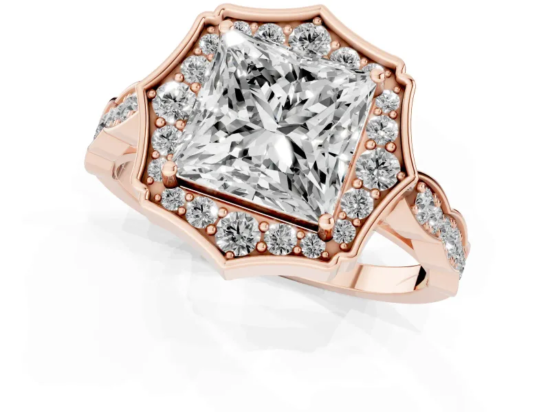 Princess Cut Vintage Scalloped Halo Engagement Ring Setting | Pave Band | Rose Gold
