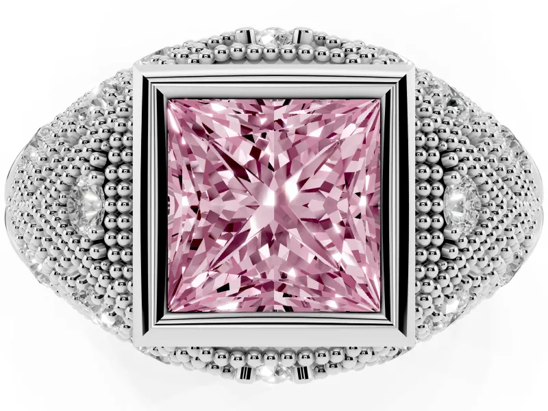 Fancy Pink Princess Cut Diamond Bezel Ring Set in White gold with Milgrain Accent Band