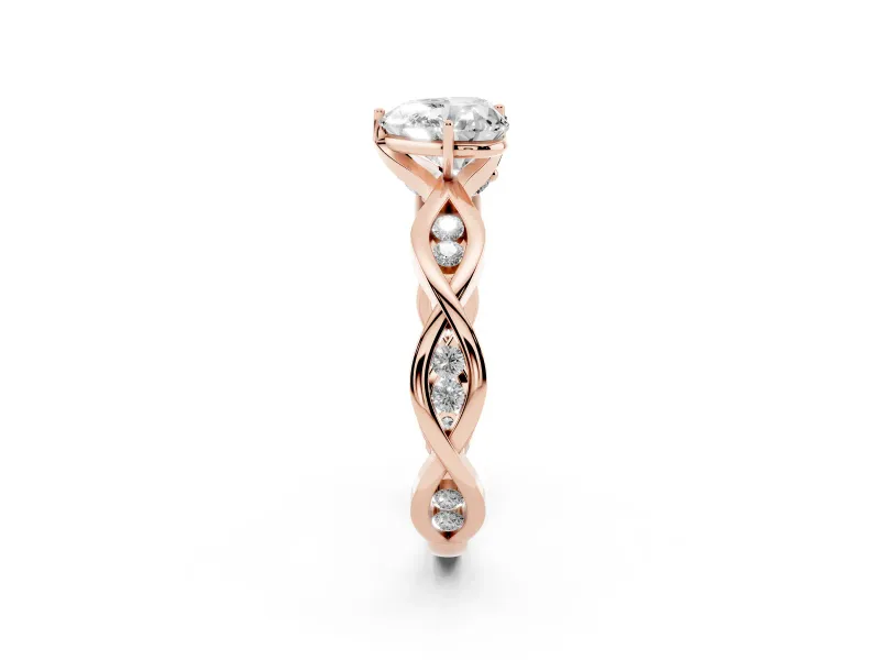 Heart Cut Diamond Twist Band Solitaire Ring Set in Rose gold with Leaf Prong Setting and Accent Stones