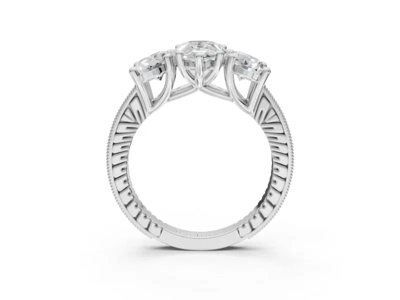 Pear-Shaped Vintage Three Stone Engagement Ring Setting | Graduated Pavé | Sterling Silver