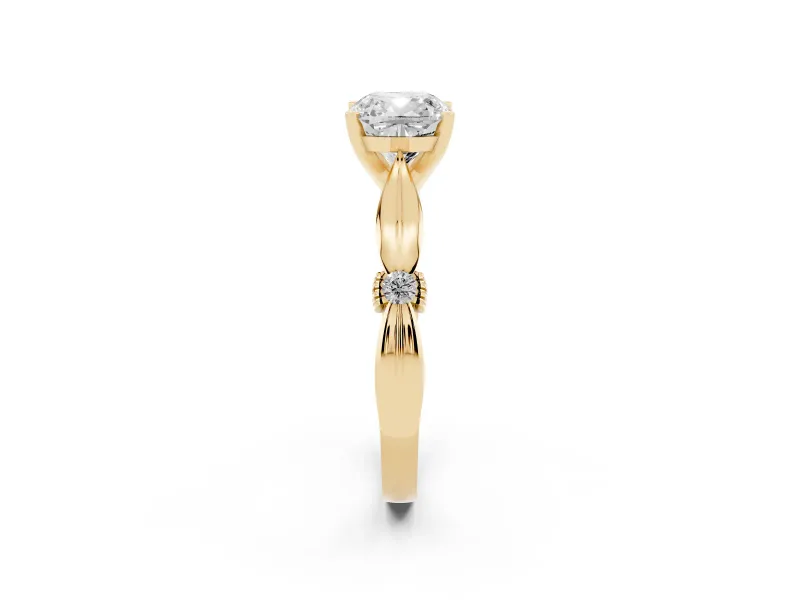 Cushion Cut Diamond Solitaire Twisted Band Ring Set in Yellow gold with Accent Stones and Prong Setting