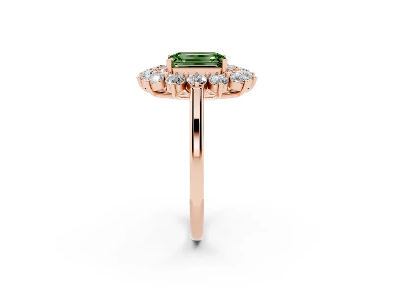 Emerald Cut Floral Double Halo Engagement Ring Setting for a Fancy Green Lab-Grown Diamond | Plain Band | Rose Gold