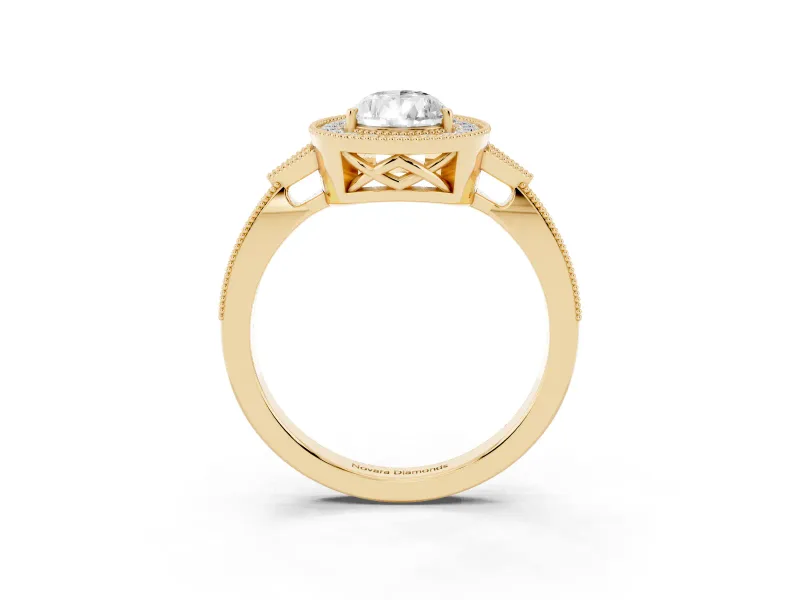 Pear Cut Diamond Halo Engagement Ring Set in Yellow gold with Milgrain Pavé Band
