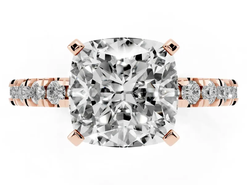 Cushion Cut Diamond Pavé Band Solitaire Set in Rose gold with Prong Setting