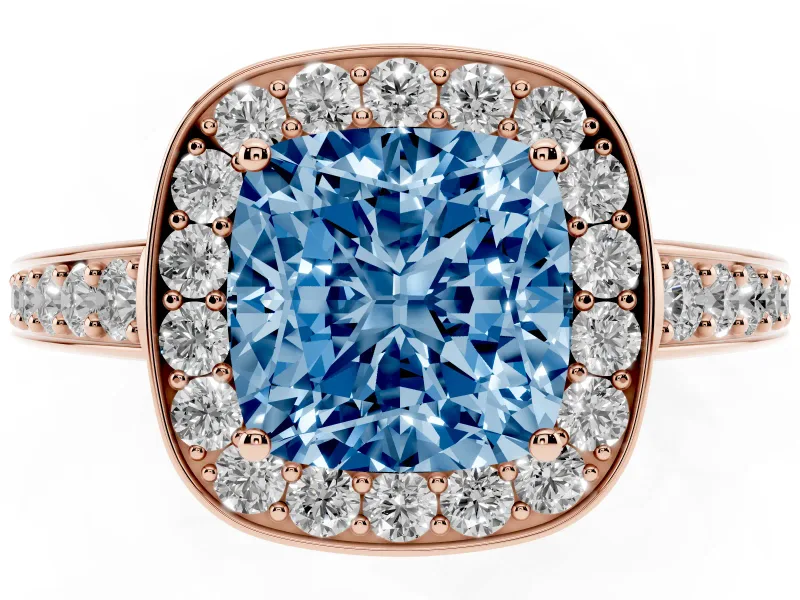 Fancy Blue Cushion Cut Diamond Halo Pavé Engagement Ring Set in Rose gold with Bezel Setting