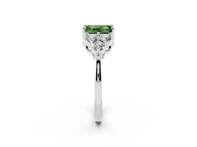 Fancy Green Emerald Cut Diamond Solitaire Ring Set in Platinum with Cluster Accents on Each Side