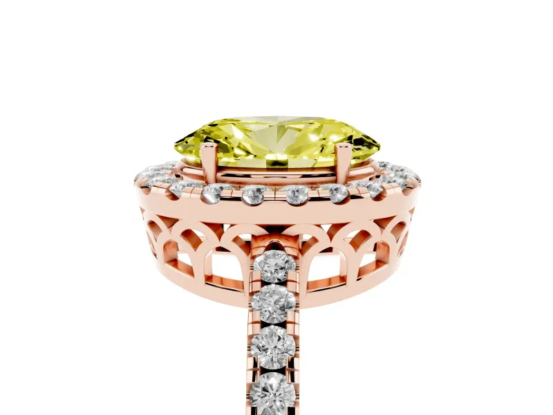 Fancy Yellow Oval Cut Diamond Pavé Band Halo Engagement Ring Set in Rose gold with Prong Setting