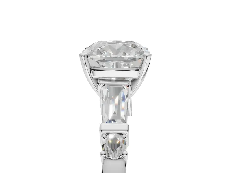 Cushion Cut Tapered Baguette Engagement Ring Setting | Bar Set Sides | Sterling Silver