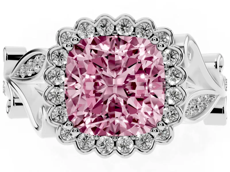 Cushion Cut Leaf Halo Engagement Ring Setting for a Fancy Pink Lab-Grown Diamond | Sterling Silver